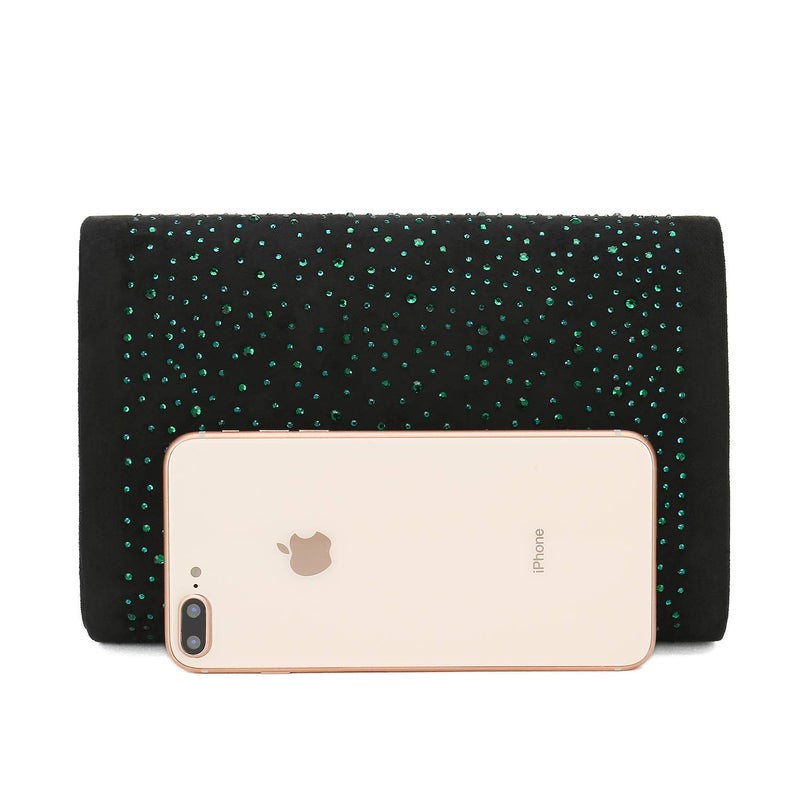 CHARMING TAILOR Envelope Purse Formal Faux Suede Clutch Rhinestone Evening Bag for Women Party Handbag (Black/green) - Image 3